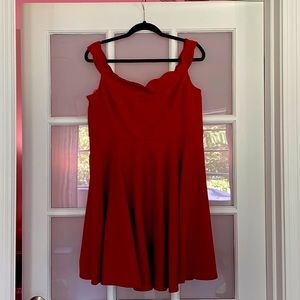 Red ModCloth scalloped neck fit and flare mini dress with pockets